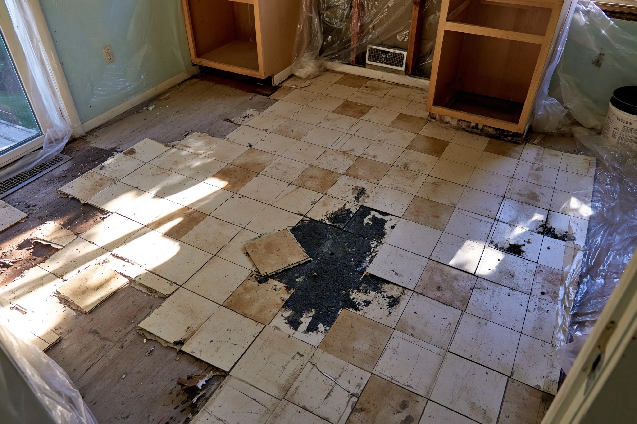9-inch vinyl-asbestos floor tiles and black mastic partly exposed in an older kitchen