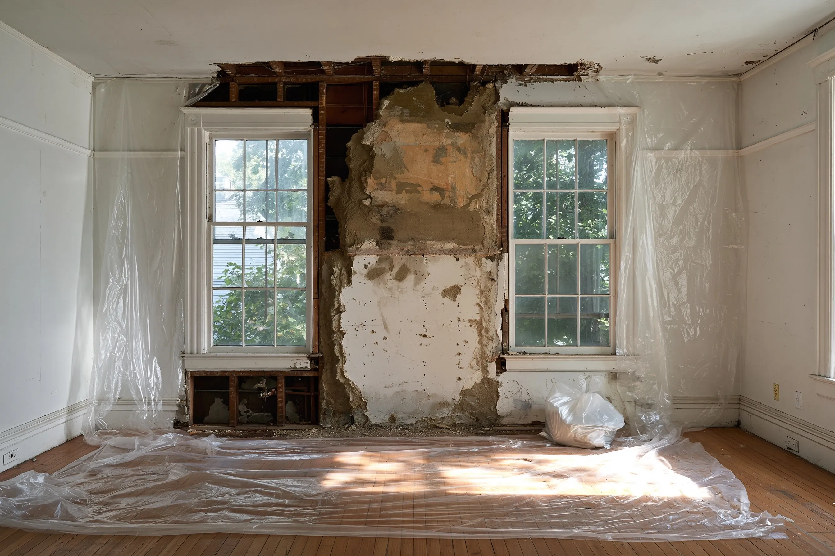 Older plaster and drywall interior wall opened during a remodel, joint compound visible